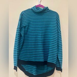 Etcyynew Women's Striped Teal and Black Turtleneck Sweater Size S